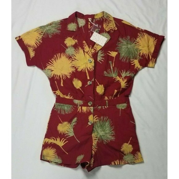 Free People Sz. M Maroon Combo Malibu Button Up Tropical Romper W/ Pockets NWT - Picture 2 of 6